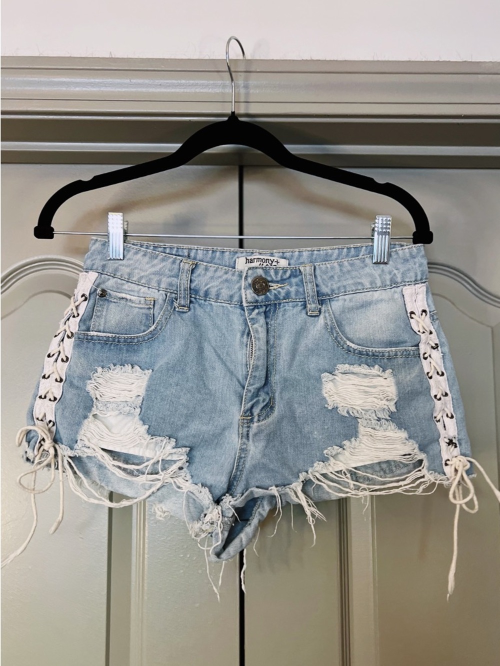 Harmony + Havoc Distressed Lace Up Denim Shorts High Rise Festival Cutoffs Small